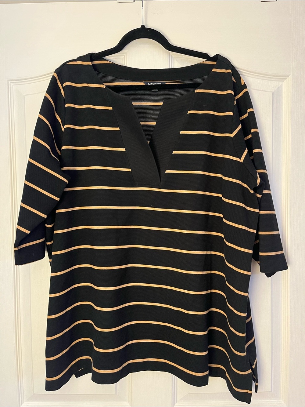 Land’s End Black and Tan Striped V-Neck Top Tunic Nautical Classic